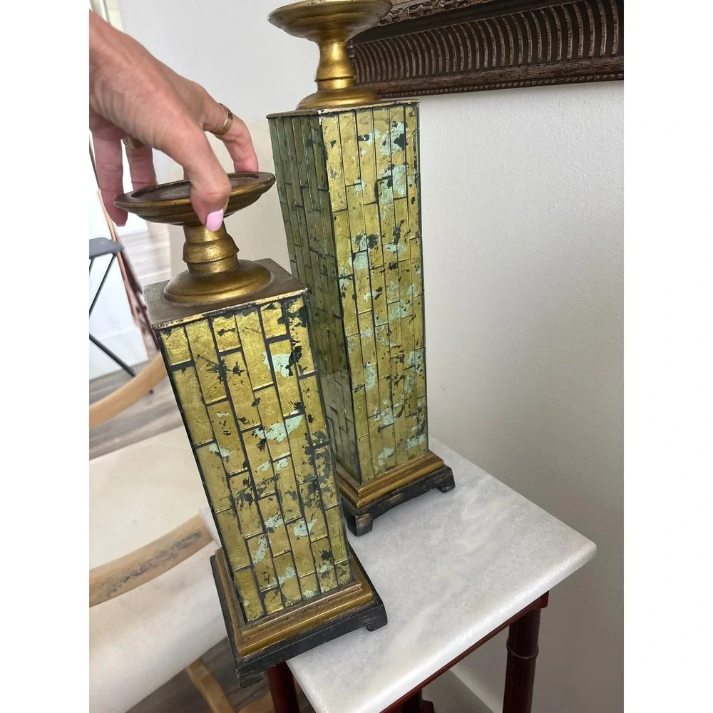 Vintage Pierre One Set of 2 Gold Verdigris Mirrored Mosaic Pillar Candle Holder